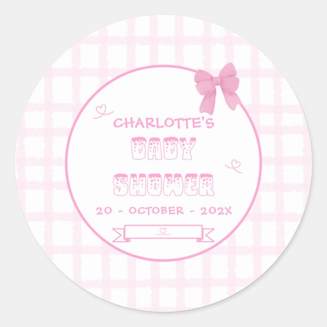 Sticker Rond Cute Bow Pastel En vichy Baby shower rose (Devant)