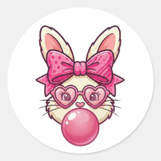 Sticker Rond Cute Bubblegum Bunny with Heart Glasses