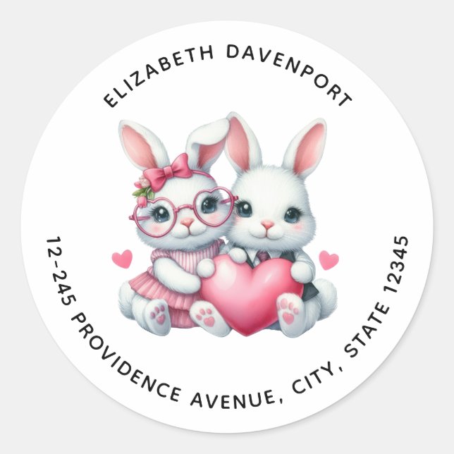Sticker Rond Cute Bunnies Sharing a Heart Address (Devant)