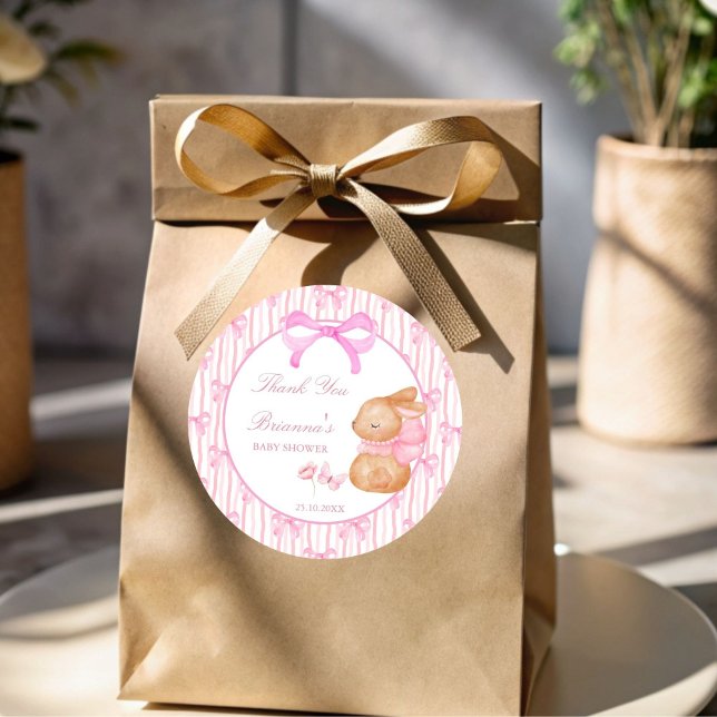 Sticker Rond Cute Bunny arc rose baby shower faveur (Cute Bunny pink bow baby shower personalized favor Stickers thank you stickers)