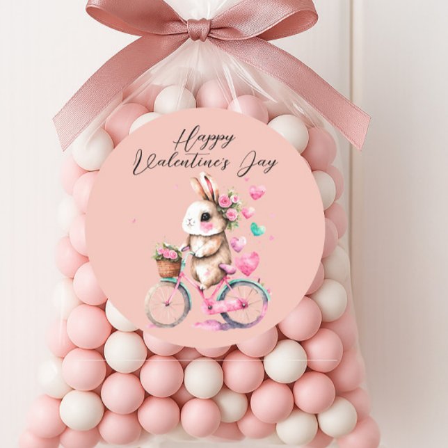 Sticker Rond Cute Bunny Hearts Rose Hearts Joyeux Valentines Da (Cute bunny on a bicycle "Happy Valentine's Day" sticker)