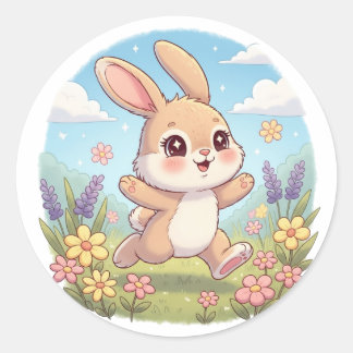 Sticker Rond Cute Bunny Hopping in a Flower Field