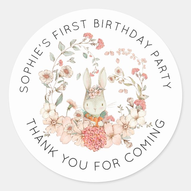 Sticker Rond Cute Bunny rose Floral 1er anniversaire Merci (Devant)