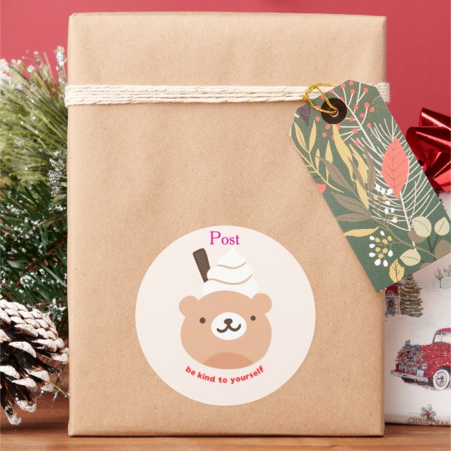 Sticker Rond Cute Cartoon Bear Ice Cream with "Be Kind to Yours (vacances)