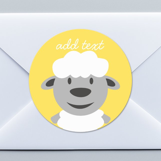 Sticker Rond Cute Cartoon Farm Sheep - jaune et gris (Custom Sticker for Party Favors or Envelopes)