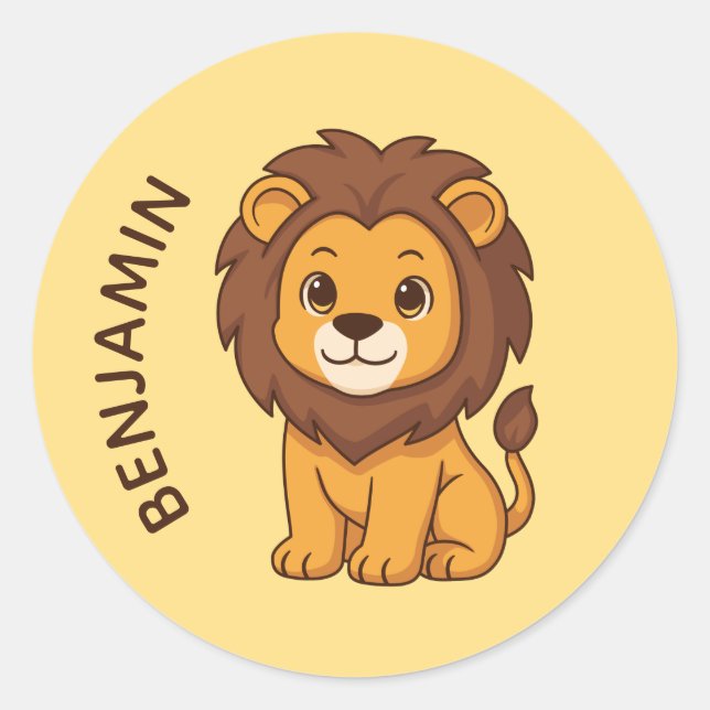Sticker Rond Cute Cartoon Lion Yellow Custom Name (Devant)