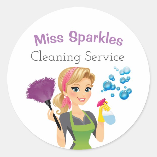 Sticker Rond Cute Cartoon Maid House Services de nettoyage de m (Devant)