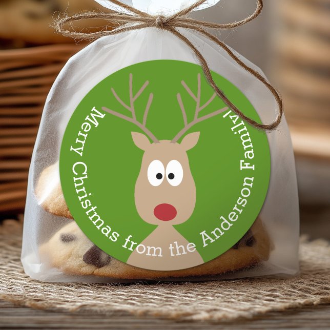 Sticker Rond Cute Cartoon Reindeer - Joyeux voeux de Noël (Custom Sticker for Party Favors or Envelopes)