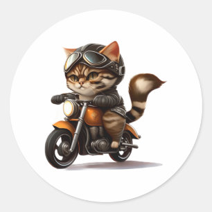 Sticker Rond CUTE CAT chevauchant une motocyclette classique T-