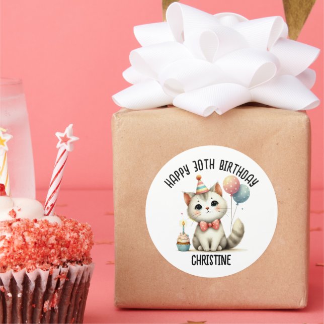 Sticker Rond Cute cat fête d'anniversaire (Fête)