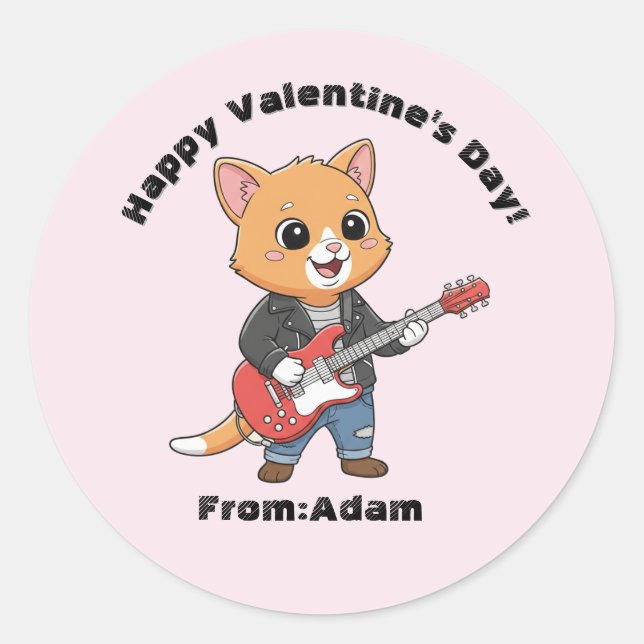 Sticker Rond Cute cat guitar player  Valentine  (Devant)