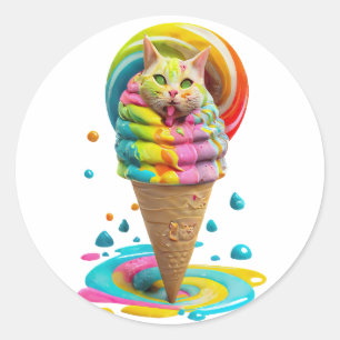 Sticker Rond Cute Cat Ice Cream Cone coloré