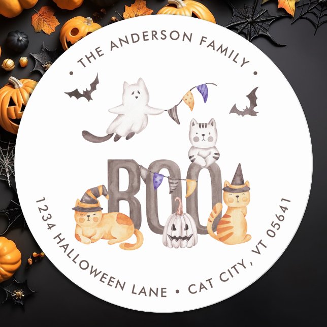Sticker Rond Cute Cats Boo Ghost Happy Halloween Adresse de ret (Créateur téléchargé)