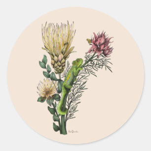 Sticker Rond Cute Chameleon en Floral Bouquet Art Botanique