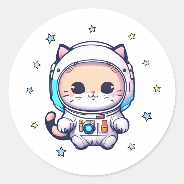 Sticker Rond Cute Chat En Costume Astronaut Flottant Dans L'Esp (Devant)