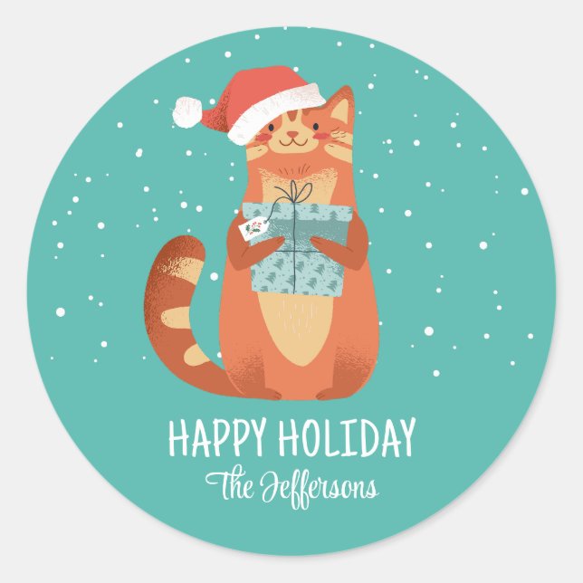 Sticker Rond Cute Chat En Noël Casquette Vacances D'Hiver (Devant)