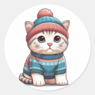 Sticker Rond Cute Chat en pull et beanie