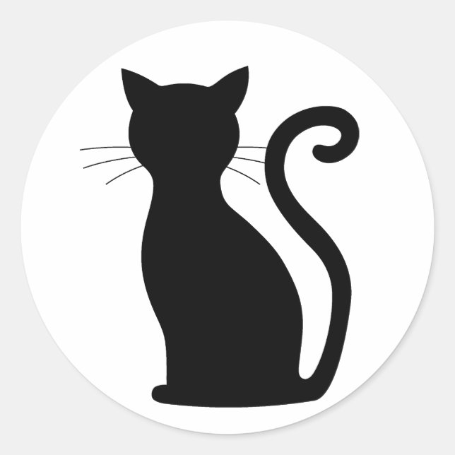 Sticker Rond Cute Chat Noir Silhouette Fun Noir et Blanc (Devant)