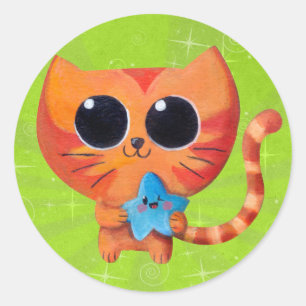 Sticker Rond Cute chat orange avec étoile