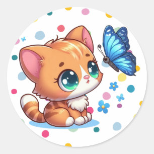 Sticker Rond Cute chaton/chat et papillon