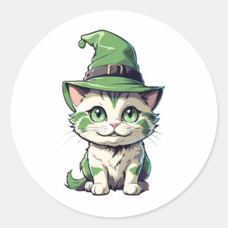 Sticker Rond Cute chaton Halloween avec casquette vert