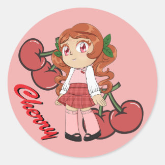 Sticker Rond Cute Cherry thème Chibi avec cerise Arrière - plan