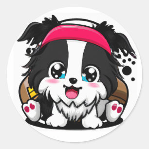 Sticker Rond Cute Chibi Bordure Collie Puppy