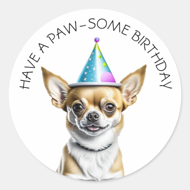 Sticker Rond Cute Chihuahua en Casquette d'anniversaire (Devant)