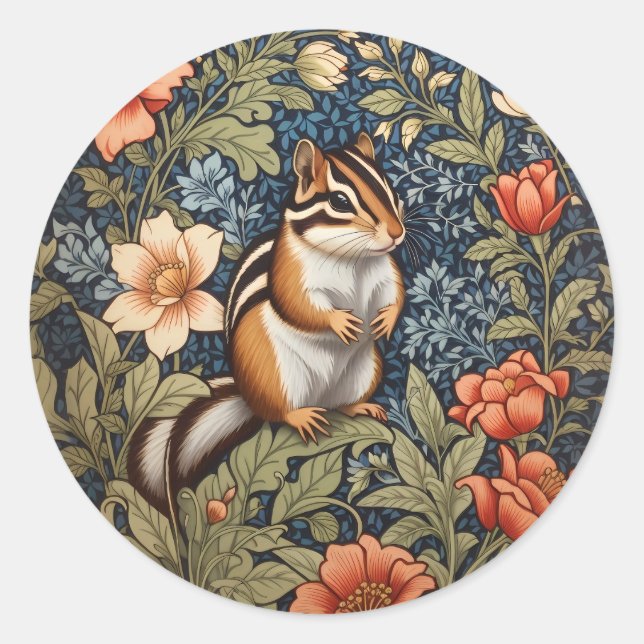 Sticker Rond Cute Chipmunk William Morris Inspiré Floral (Devant)