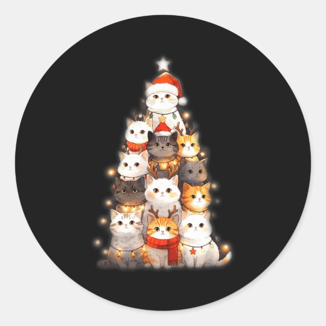 Sticker Rond Cute Christmas Cats Tree Lights Holiday Kittens Il (Devant)