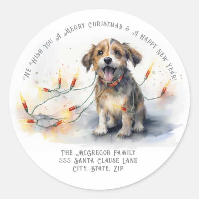 Sticker Rond Cute Christmas Dog Return Address (Devant)