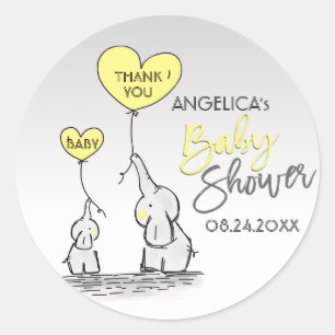 Sticker Rond Cute Coeur JAUNE Elephant maman & Baby shower