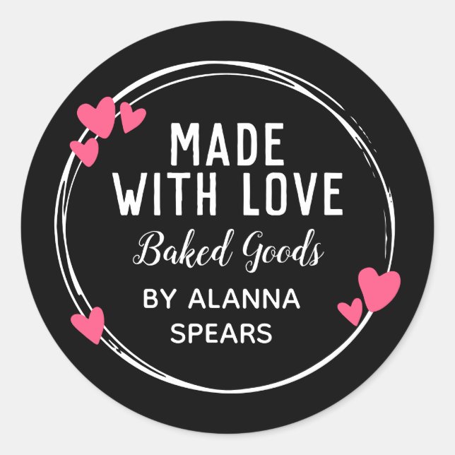 Sticker Rond Cute Coeurs Roses Main Levée Fabriquée Avec Amour (Devant)