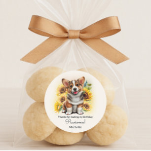Sticker Rond Cute Corgi Chien Tournesols Anniversaire