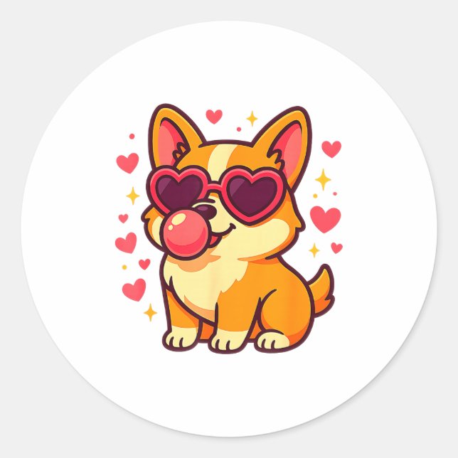 Sticker Rond Cute Corgi Valentine Puppy With Heart Sungles  (Devant)
