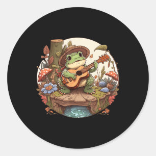 Sticker Rond Cute Cottagecore Grenouille esthétique Jouer Banjo