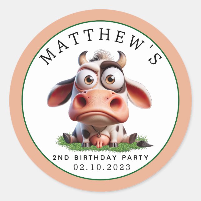 Sticker Rond Cute Cow Farm Animaux 2e fête d'anniversaire (Devant)