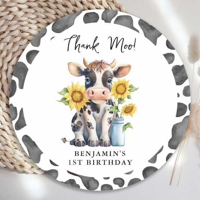 Sticker Rond Cute Cow Thank Moo Farm Animal 1er Anniversaire (Créateur téléchargé)