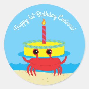 Sticker Rond Cute Crab Beach Fête d'anniversaire pour enfants