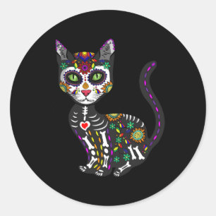 Sticker Rond Cute Crâne Sucre Mexicaine Chat Halloween Jour De