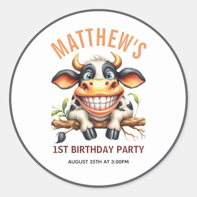 Sticker Rond Cute Crazy Cow Farm Theme 1st Birthday (Devant)
