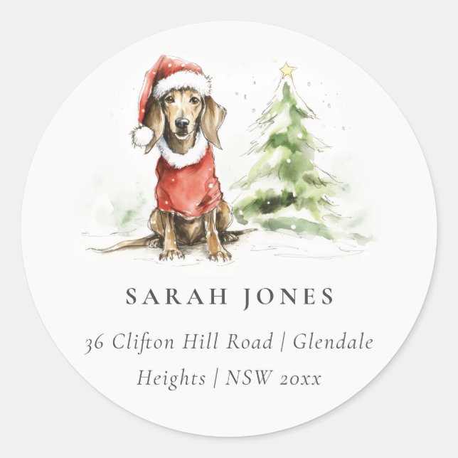 Sticker Rond Cute Dachshund Chien Aquarelle Noël Adresse (Devant)