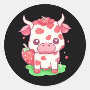Sticker Rond Cute de fraise de vache Kawaii Pink Pastel