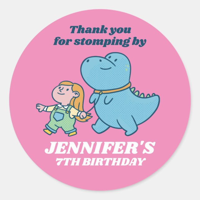 Sticker Rond Cute Dinosaur et Une Fille Anniversaire de enfant (Devant)