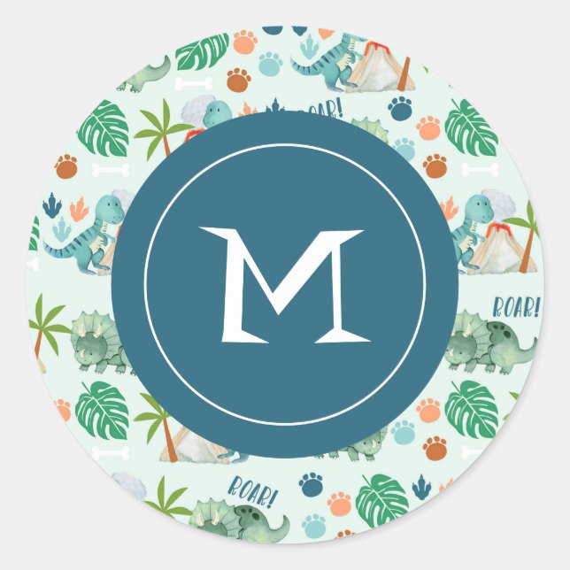 Sticker Rond Cute Dinosaur Motif Enfants Monogramme (Devant)