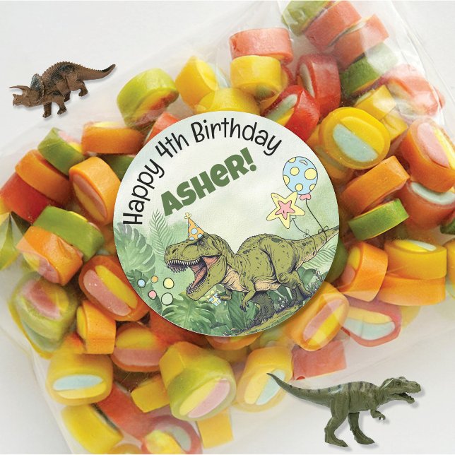 Sticker Rond Cute Dinosaur Thème Enfants Nom Anniversaire Fête (Round dinosaur theme kids boy birthday party favor sticker, 1st, 2nd, 3rd, 4th, 5th, custom name rex)