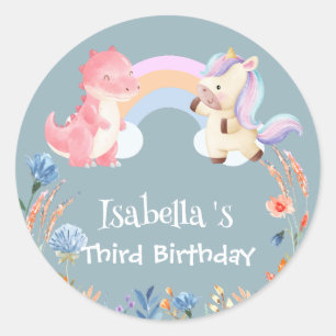 Sticker Rond Cute Dinosaur Unicorn arc-en-ciel Nom d'anniversai