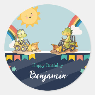 Sticker Rond Cute dinosaure Excavateur tracteur arc-en-ciel Ann