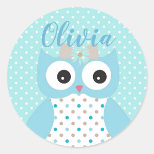 Sticker Rond Cute Dotty Blue Owl Art Personnalisé Girls