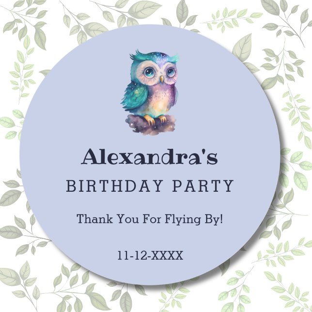 Sticker Rond Cute Dusty Blue Owl Anniversaire de enfant Merci (Créateur téléchargé)